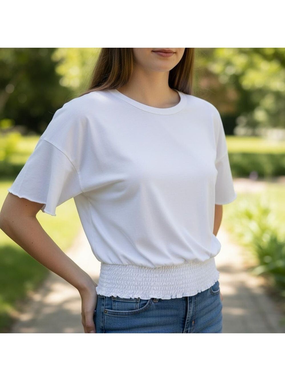 Code x Mode White Smocked Waist Short Sleeve Top classic Casual minimalist Sz L